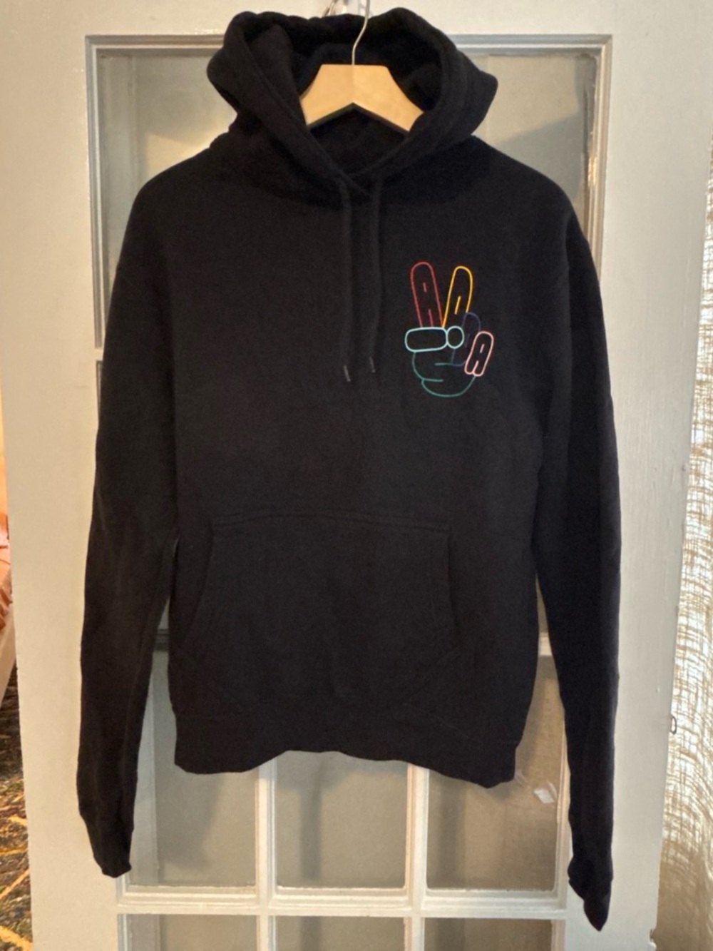 adidas Black Hoodie Sweater with Multicolor Peace Hand Graphic